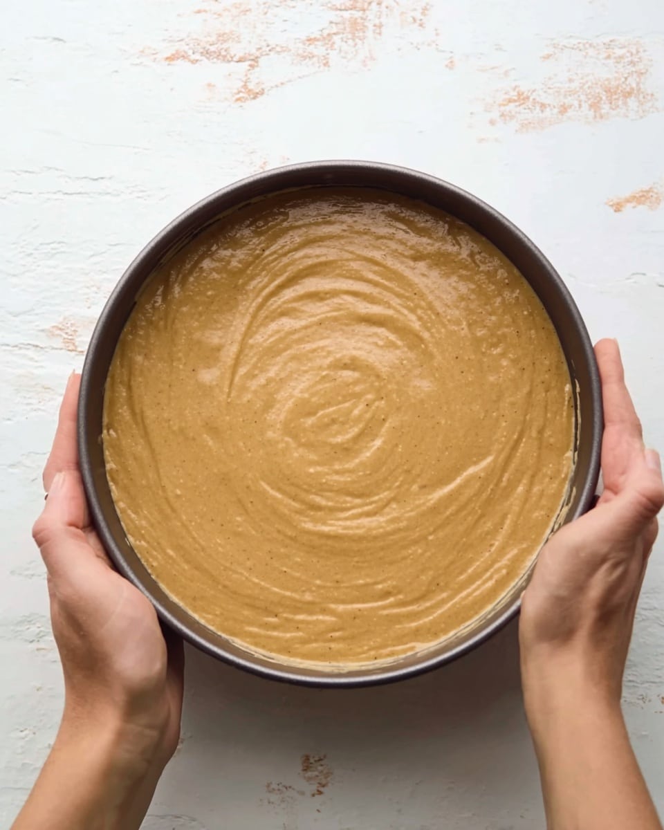 A round cake pan filled with smooth, light brown batter with a creamy texture. Two woman's hands are holding the pan on both sides. The background is a white marbled surface. Photo taken with an iphone --ar 4:5 --v 7