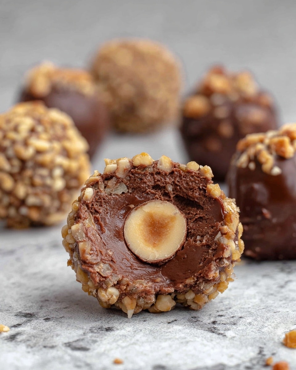 The image shows a close-up view of a round chocolate truffle cut in half, placed on a white marbled surface. The truffle has three visible layers: the outer layer is rough and covered with small chopped nuts, light brown in color and bumpy in texture; inside it is a smooth, dark brown chocolate layer that looks creamy and thick; at the center sits a whole light brown hazelnut with a slightly shiny, natural texture. Surrounding the cut truffle are several whole nut-coated truffles, all similarly brown and textured but out of focus. Photo taken with an iphone --ar 4:5 --v 7