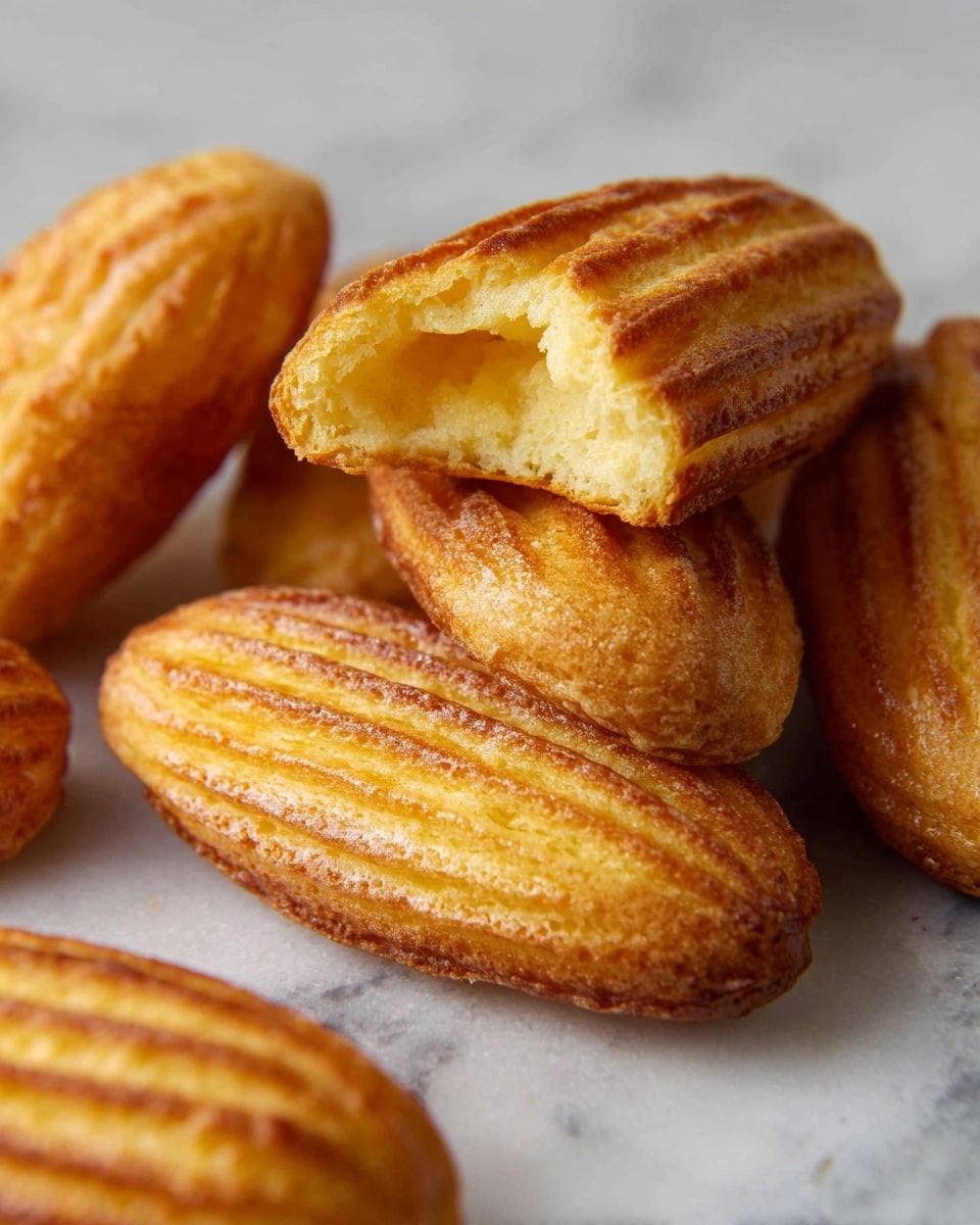 The image shows several golden brown pastries with a ridged, slightly crispy outer shell resting on a white marbled surface. One pastry is placed on top of another and has a large bite taken out of it, revealing its hollow, soft, and airy inside with a light yellowish color. The pastries have a consistent elongated oval shape and show subtle variations in their golden tones, with darker ridges from baking. The background is out of focus, emphasizing the texture and details of the pastries in the foreground, photo taken with an iphone --ar 4:5 --v 7