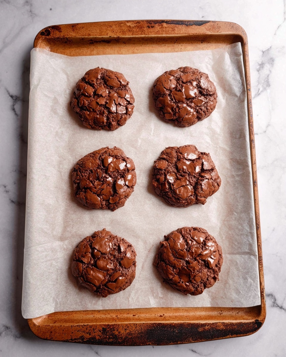 Six round chocolate cookies with a cracked, shiny top are placed in two rows on white parchment paper. The parchment paper covers a brown wooden baking tray with some visible scratches and worn edges. The cookies have a rough, bumpy texture with chunks of melted chocolate visible on the surface. The background beneath the tray shows a white marbled texture. Photo taken with an iphone --ar 4:5 --v 7
