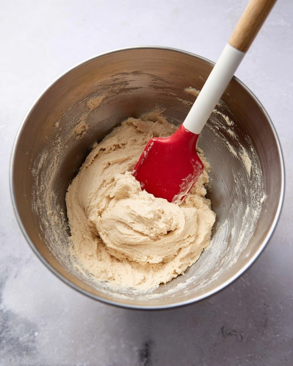A shiny large metal bowl with cream-colored dough inside, thick and smooth with some texture, sits on a white marbled surface. A red silicone spatula with a white wooden handle is partially immersed in the dough, leaning towards the right side of the bowl. The dough clings slightly to the inside walls of the bowl, showing a creamy, soft texture. Photo taken with an iphone --ar 4:5 --v 7