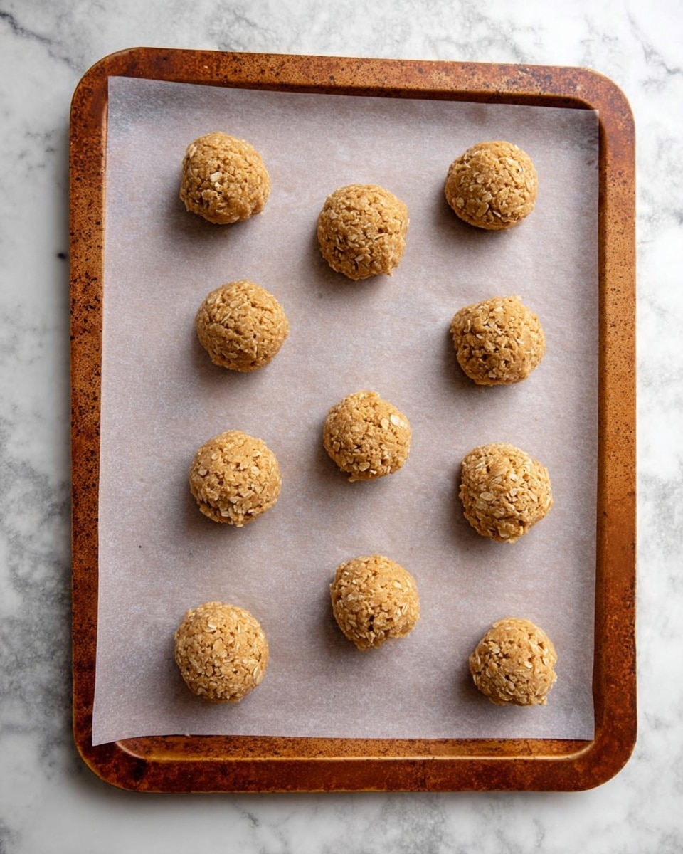 There are nine round cookie dough balls on a baking tray lined with parchment paper. The dough balls are light brown with a rough oatmeal texture and are spaced evenly apart. The tray has a rusty brown rim and is placed on a white marbled surface. photo taken with an iphone --ar 4:5 --v 7