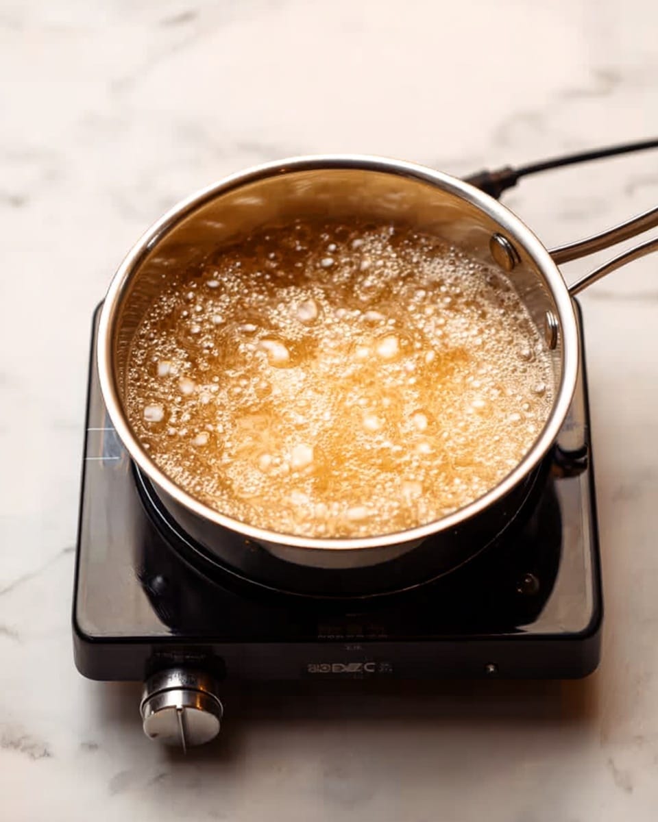 A shiny metal pot filled with light golden bubbling liquid sits on a small black electric stove with a round knob on its front, all placed on a white marbled surface. The pot is round and deep, with steam rising from the hot liquid inside. The bubbles create a texture of small and large foamy clusters on the surface, showing the liquid is boiling. The edges of the pot reflect light and the surroundings. Photo taken with an iphone --ar 4:5 --v 7