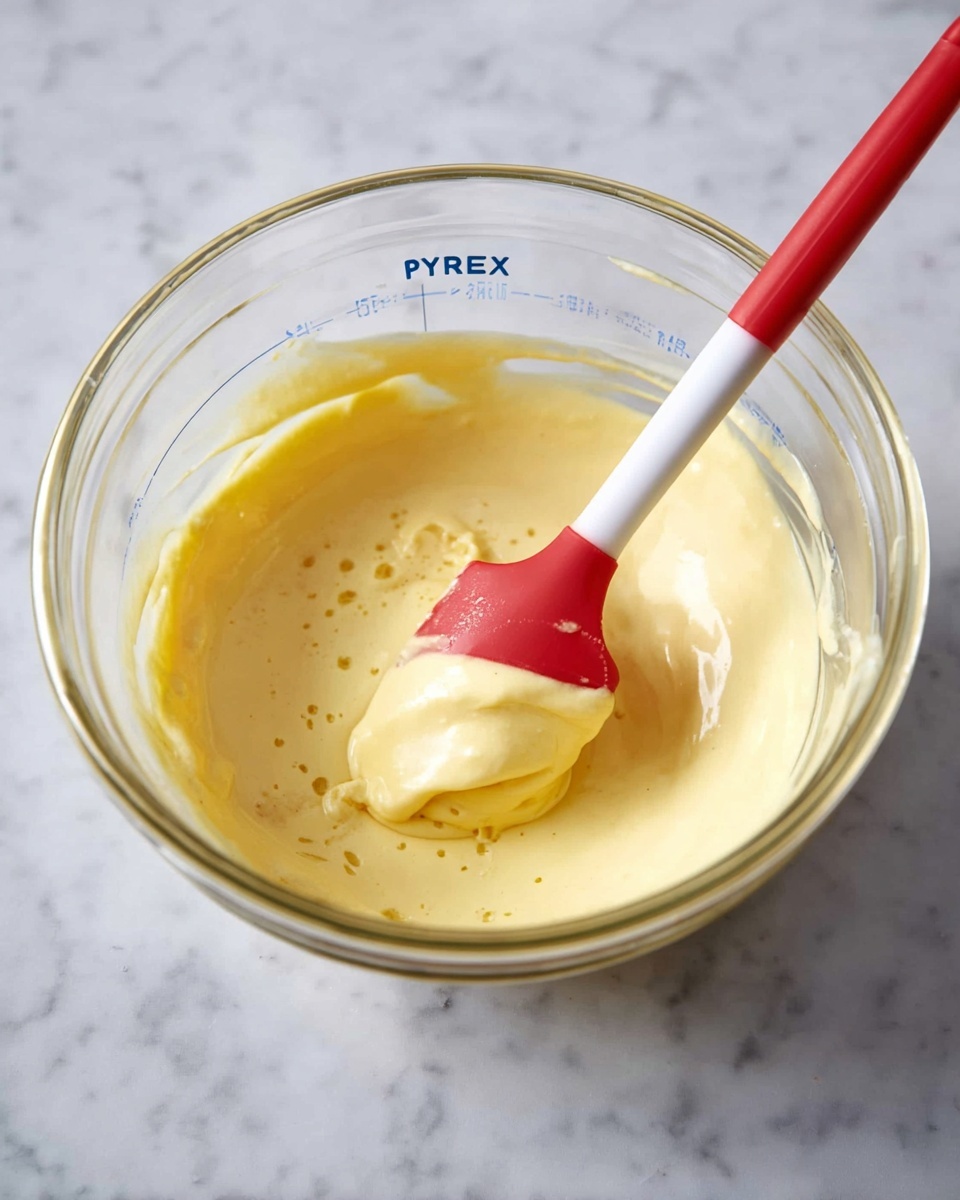 A clear glass bowl filled with a creamy, pale yellow mixture sits on a white marbled surface. Inside the bowl, a bright red spatula with a white handle rests on the thick dollop of the yellow batter, partially dipped in the mixture surrounding it. The texture looks smooth and soft, with small bubbles visible on the surface. The bowl is marked with clear measurement lines and the brand name