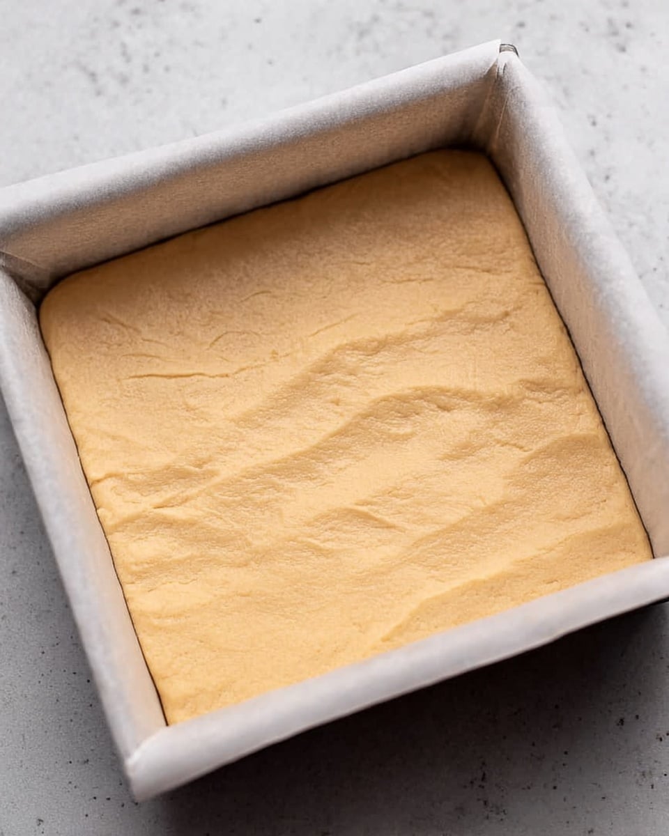The image shows a square baking pan lined with white parchment paper, filled with a single smooth, even layer of light beige dough pressed flat against the pan’s bottom and slightly up the sides. The surface of the dough is soft with small, subtle wrinkles and minimal cracks, creating a gently textured look. The pan is placed on a white marbled surface that adds a clean and bright contrast to the dough’s warm tone. photo taken with an iphone --ar 4:5 --v 7