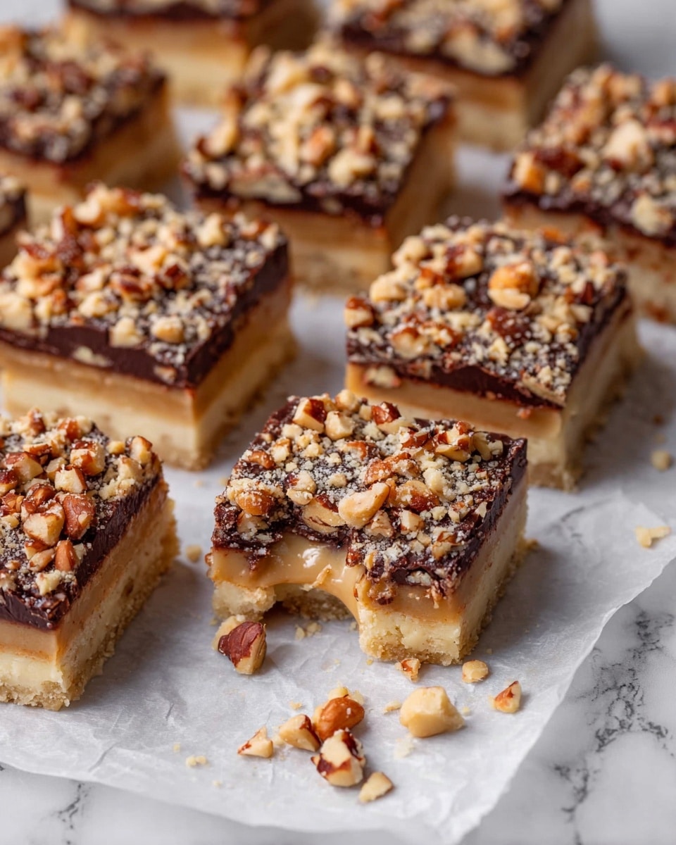 The image shows many square layers of dessert bars placed on white parchment paper over a white marbled surface. Each bar has three visible layers: a bottom light beige layer that looks dense and soft, a middle creamy light caramel color layer, and a top layer covered with a dark chocolate-like texture mixed with finely chopped nuts. More chopped nuts are sprinkled thickly on the very top, giving the bars a rough and crunchy look. One bar in the middle is broken slightly with some creamy filling oozing out. The bars are arranged closely with a few small nut pieces scattered around. photo taken with an iphone --ar 4:5 --v 7