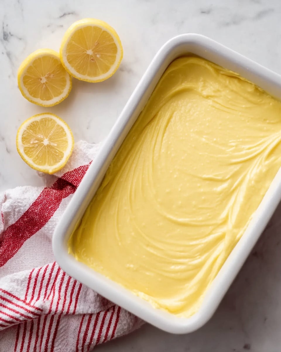 The image shows a single layer of smooth, creamy yellow lemon dessert spread evenly in a white rectangular dish with soft swirl patterns on the surface. To the left of the dish, there are three lemon halves placed on a white marbled surface, with a red and white striped cloth partially visible under the lemons. The overall look is fresh and bright with a clean, simple presentation photo taken with an iphone --ar 4:5 --v 7