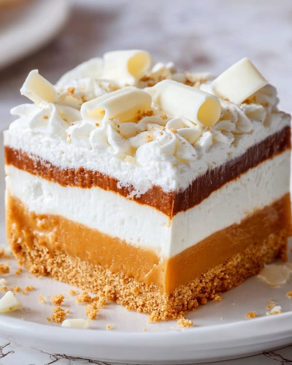 A close-up of a four-layer dessert slice on a white plate with a white marbled surface underneath. The bottom layer is a crumbly, golden brown crust. Above it is a thick, smooth white cream layer. Next is a thick, rich caramel-colored layer. The top layer is a fluffy white cream decorated with several white curled chocolate shavings, some placed on the slice and a few scattered on the plate. The slice shows clear and even layers with visible texture differences between creamy and crumbly parts. Photo taken with an iphone --ar 4:5 --v 7
