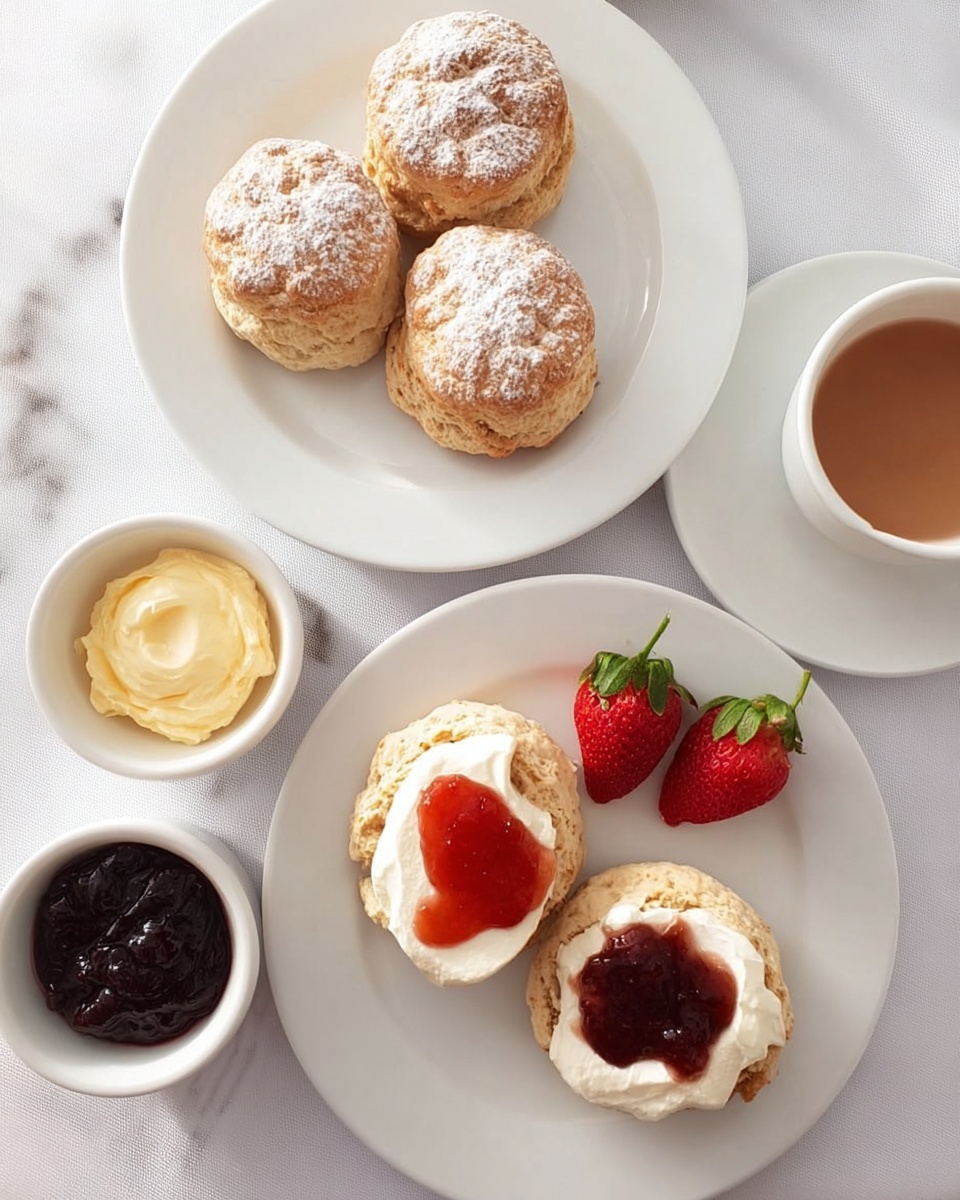 The image shows a white plate with three golden brown scones dusted with a light layer of flour, placed near the top center. Below it, a second white plate holds two scones each topped with a thick layer of white cream and a dollop of red jam, beside a bright red strawberry with green leaves. To the left, there are two white small bowls; one with yellow cream and the other with dark purple jam. To the right, a white cup filled with light brown tea sits on a white saucer. The background surface is white marble with a soft texture. Photo taken with an iphone --ar 4:5 --v 7