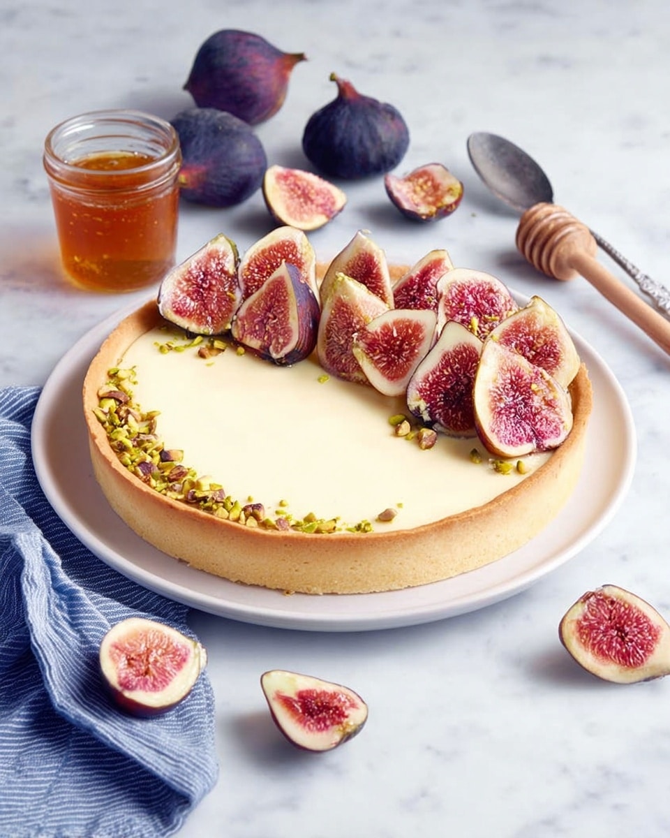 A round tart with three visible layers is shown: the base is a light golden, smooth crust; the middle layer is creamy pale yellow filling with a soft texture, covering the whole tart; on top, one side is decorated with a row of fresh purple figs cut into halves and quarters, showing pinkish-red interiors with tiny seeds, and a sprinkle of crushed green pistachios beneath the figs forming a thin curved line. The tart sits on a plain white plate placed on a white marbled surface surrounded by whole and halved figs, a small glass of amber honey, a silver spoon, a wooden honey dipper, and a blue-striped cloth in the background. Photo taken with an iphone --ar 4:5 --v 7