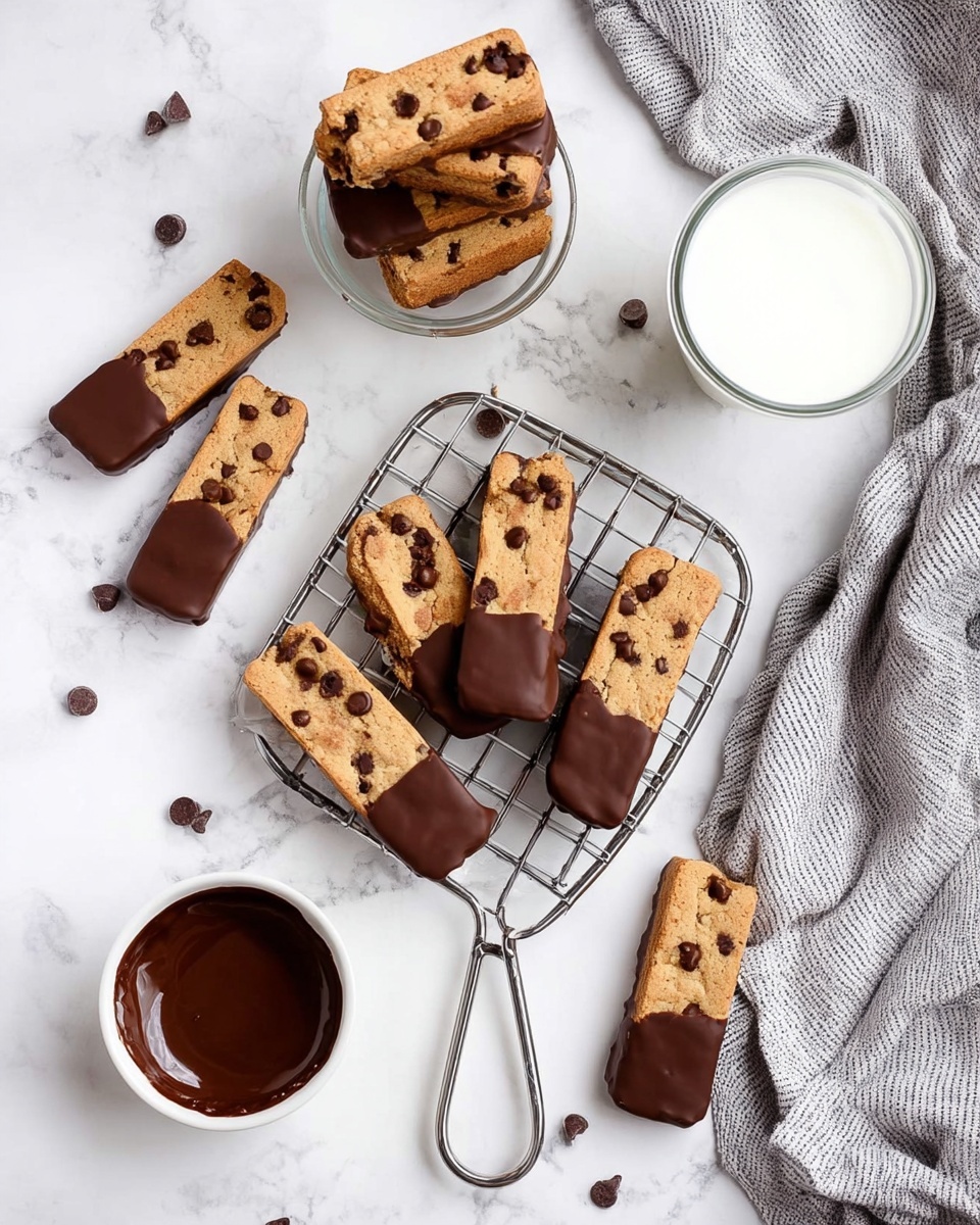 Rectangular chocolate chip cookie bars dipped halfway in smooth dark chocolate are arranged on a small metal cooling rack with a handle, placed on a white marbled surface. One cookie bar rests on the rim of a nearly full glass of milk that is towards the top right side of the image. Three cookie bars stand upright together inside a small transparent white bowl at the top left. Scattered on the surface around the rack are four more cookie bars. A small white bowl filled with melted dark chocolate sits at the bottom left corner. A crumpled gray and white striped cloth is placed near the top right corner. photo taken with an iphone --ar 4:5 --v 7