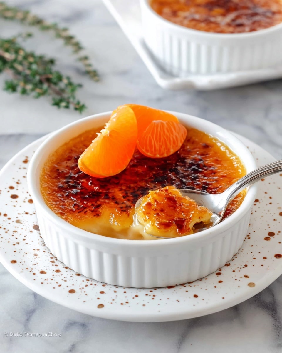 A white ramekin filled with a caramelized crème brûlée showing a shiny, glassy, amber-brown top layer with darker burnt spots, and beneath it a smooth, creamy light beige custard layer. On top of the caramel layer, two bright orange mandarin slices sit side by side. A silver spoon rests on the ramekin with a scoop of the custard and caramel top, showing the crisp texture breaking into the creamy inside. The ramekin is placed on a white plate with small brown speckles, all set against a white marbled surface. In the background, a second similar ramekin is visible, and some green herbs are slightly blurred to the left. photo taken with an iphone --ar 4:5 --v 7
