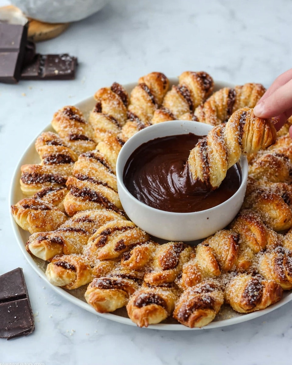 A large white plate holds a ring of golden-brown puff pastry twists, each sprinkled with sugar and filled with chocolate layers that show through the small cuts in the pastry. The twists form a circle around a white bowl in the center filled with thick, dark chocolate dip. A woman's hand is holding one pastry twist, dipping it into the chocolate. The background is a white marbled surface with two small dark chocolate pieces slightly blurred in the distance. Photo taken with an iphone --ar 4:5 --v 7