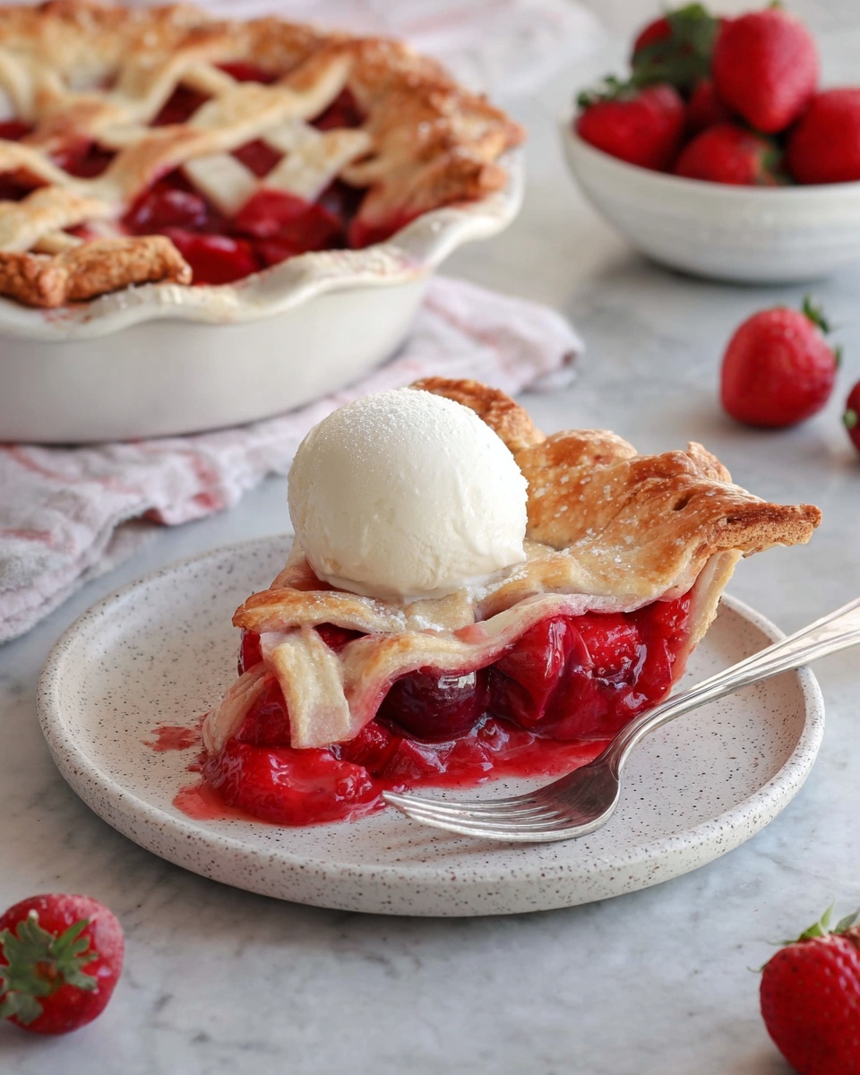 A slice of cherry pie with a golden brown lattice crust sits on a white speckled plate, showing the bright red, juicy cherry filling with some cherry pieces visible. On top of the pie slice is a smooth, round scoop of vanilla ice cream with a creamy texture. The plate is on a white marbled surface, next to a silver fork. In the background, there is a white pie dish with the rest of the cherry pie, with the same golden lattice crust, and a bowl with fresh strawberries, along with some scattered strawberries and forks on the white marbled surface. photo taken with an iphone --ar 4:5 --v 7