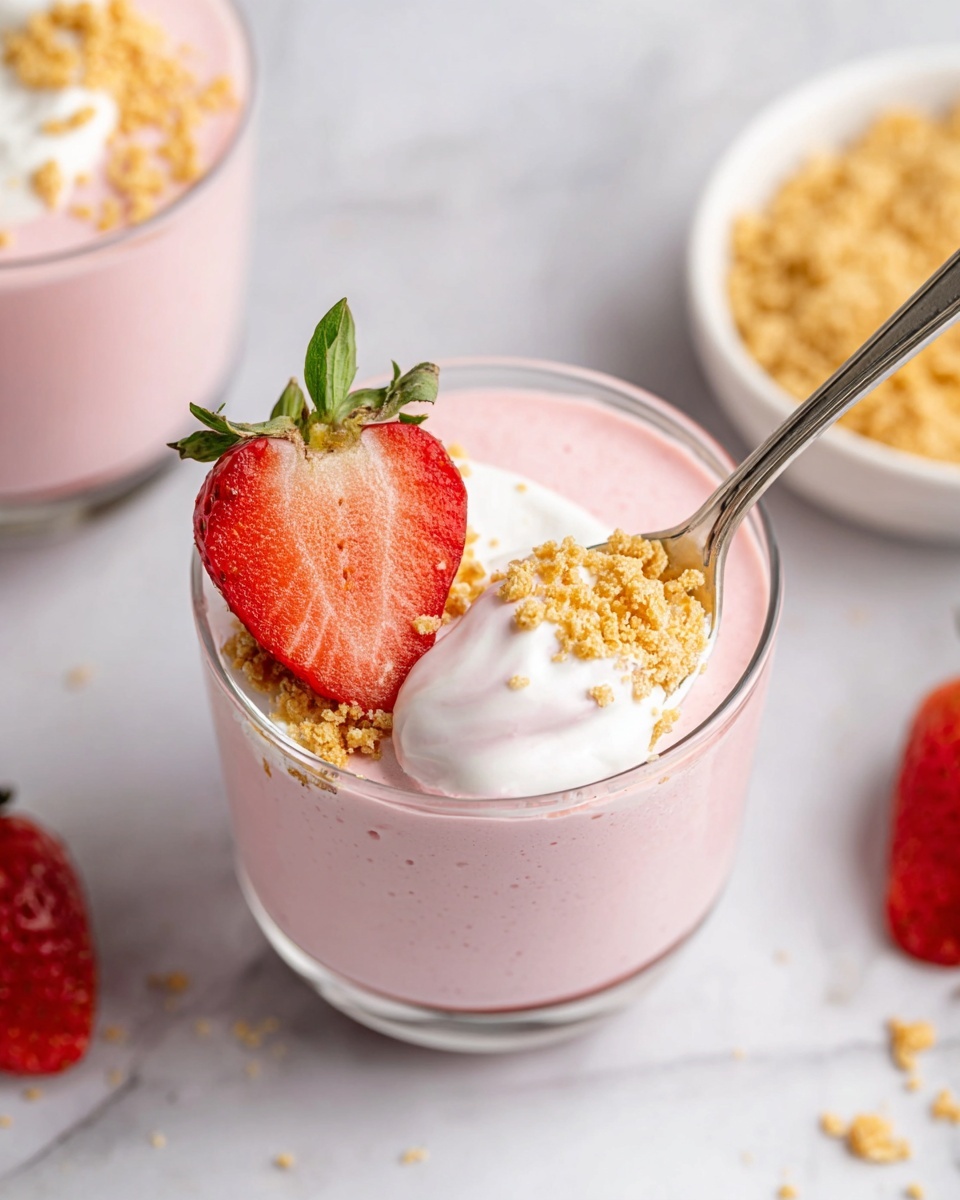 The image shows a clear glass filled with a smooth pink strawberry mousse as the base layer. On top, there is a white creamy layer partially covering the pink mousse and sprinkled with small golden crumb pieces. A half strawberry with its green leaves still attached is placed on the creamy layer near the edge of the glass. A spoon with a round bowl is scooping some of the pink mousse from the glass. The glass is set on a white marbled surface, and part of another glass and a white bowl filled with golden crumbs are visible in the background. Photo taken with an iphone --ar 4:5 --v 7