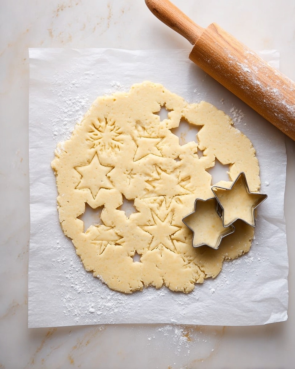 A flat, rolled out dough in a rough circle shape is placed on white parchment paper over a white marbled surface. Multiple star shapes, including larger six-point and smaller snowflake-like ones, are cut into the dough with two metal cookie cutters still pressed in on the right side. The dough is pale yellow with a slightly rough texture, and a wooden rolling pin with visible grain rests on the upper right corner. Some flour is scattered lightly around the dough edges. Photo taken with an iphone --ar 4:5 --v 7