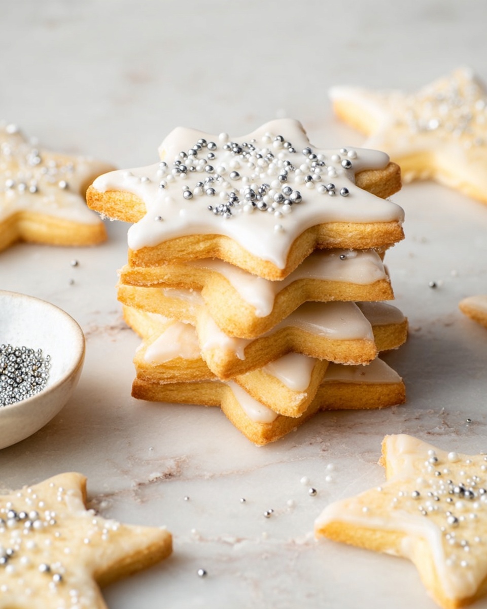 A stack of five star-shaped cookies is shown on a white marbled surface. Each cookie is light golden brown with a smooth texture and has a layer of white icing on top that slightly drips over the edges. The top cookie is decorated with small white and silver round sprinkles scattered across the icing. Around the stack, there are more star-shaped cookies with similar icing and sprinkles, and a small white bowl to the left contains extra silver sprinkles. Photo taken with an iphone --ar 4:5 --v 7