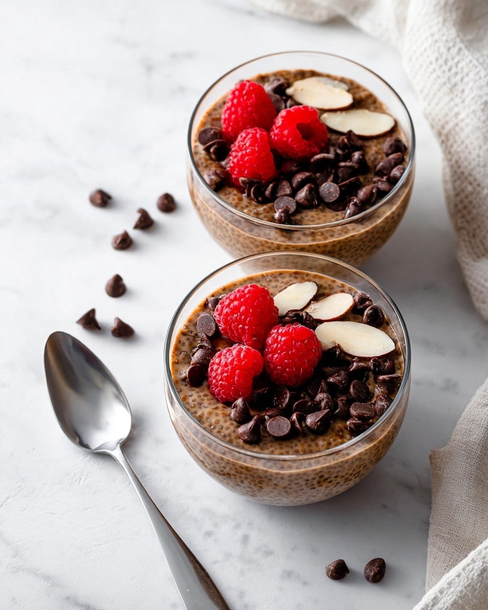 Two clear glass bowls are filled with three layers: the bottom thick brown pudding layer with small chia seeds visible, topped with scattered dark chocolate chips that have a matte texture, and garnished with three bright red raspberries and a few pale almond slices arranged on the top edge of each bowl. The bowls sit on a white marbled surface with a soft cloth in the top right corner and a shiny silver spoon with a long handle placed diagonally near the bottom left. Photo taken with an iphone --ar 4:5 --v 7
