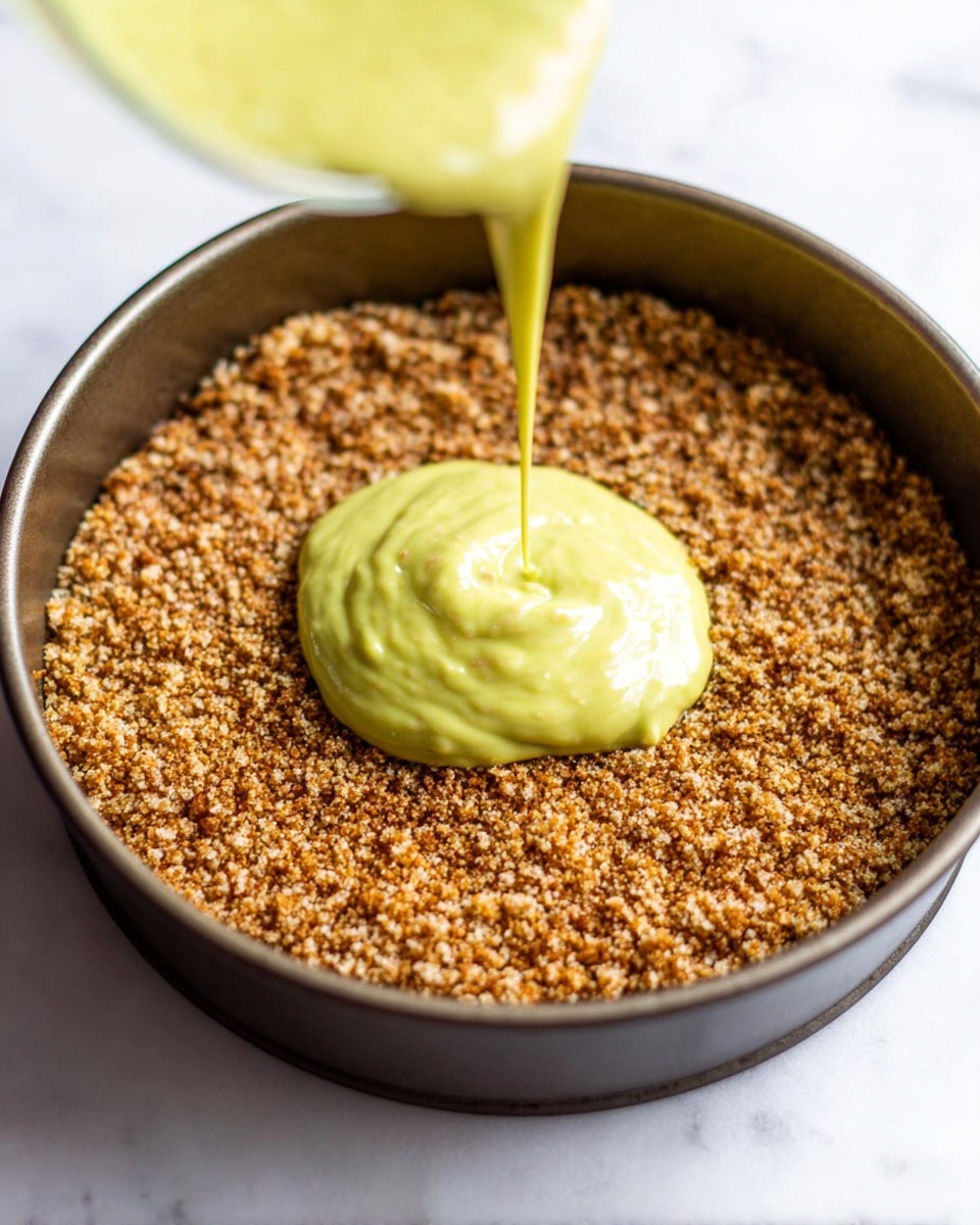 A close-up view of a round baking pan filled with a single thick layer of crushed, golden-brown crumb crust with a rough, grainy texture. In the center of the crust, a dollop of smooth, bright green creamy mixture is being poured from above, showing motion and fluidity. The baking pan is placed on a white marbled surface, adding a clean, bright background to the scene. The focus is on the crust and creamy topping, highlighting contrasting textures and colors. Photo taken with an iphone --ar 4:5 --v 7