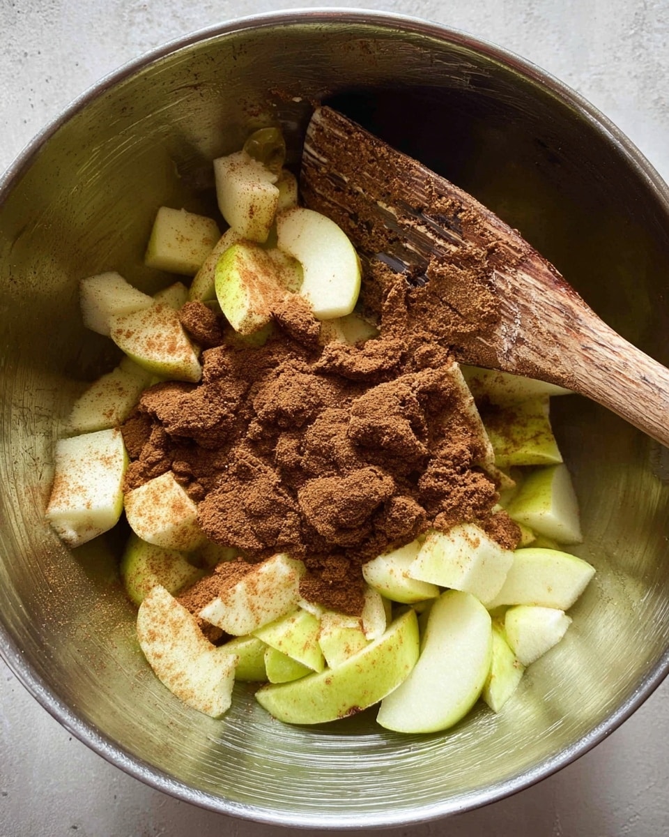 The image shows a metal bowl filled with unevenly sliced light green apple pieces arranged at the bottom, sprinkled with a thick layer of brown cinnamon powder and some brown sugar clumps on top. A wooden spatula with a slightly worn surface is placed inside the bowl, partially resting on the apple slices and spices. The overall look is rough and natural, with the spices creating a textured contrast on the smooth apple surfaces. photo taken with an iphone --ar 4:5 --v 7