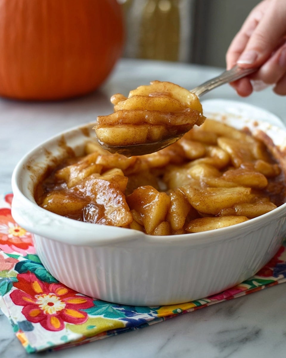 A white oval dish filled with several layers of soft, cooked apple slices mixed with a thick cinnamon sauce, giving the apples a warm brown color and a slightly shiny texture. The top layer shows some apple pieces with a light golden brown caramelization on the edges, creating a slight contrast to the softer inner slices. A woman's hand holds a spoon scooping a portion of the apples, lifting pieces that show both soft and firmer textures in shades of yellow and brown. The dish is placed on a colorful cloth with floral patterns, resting on a white marbled surface. In the background, there is a blurred orange pumpkin shape. photo taken with an iphone --ar 4:5 --v 7