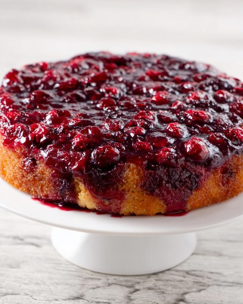 A round upside-down cake is shown on a white cake stand, placed on a white marbled surface. The cake has a thick, dark red and glossy top layer made of cooked berries that look juicy and sticky, covering the entire surface. Underneath, there is a golden-brown sponge cake layer with a slightly uneven edge that peeks out beneath the berry topping. The cake looks moist and rich with visible whole berries embedded on the top layer. Photo taken with an iphone --ar 4:5 --v 7