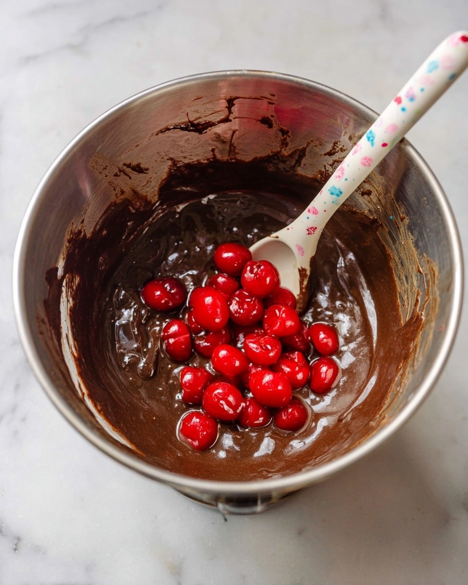 A silver metal mixing bowl holds thick, dark brown chocolate batter, with a bunch of bright red cherry halves placed on top. A white spoon with small blue and pink speckles is partially dipped in the batter, resting inside the bowl. The bowl sits on a white marbled surface, with some batter clinging to the inside sides. photo taken with an iphone --ar 4:5 --v 7