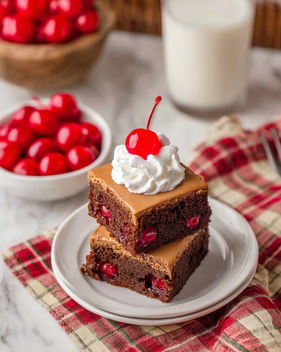 Two square cake pieces are stacked on a small white plate. Each piece has a dark brown chocolate base with red cherries inside. On top of the upper piece is a smooth, light brown frosting layer, with a swirl of white whipped cream and a bright red cherry placed in the center. The plates are on a white marbled surface with a red and beige checkered cloth to the side. In the background, there is a clear glass cup filled with milk and a white bowl filled with more red cherries. Photo taken with an iphone --ar 4:5 --v 7