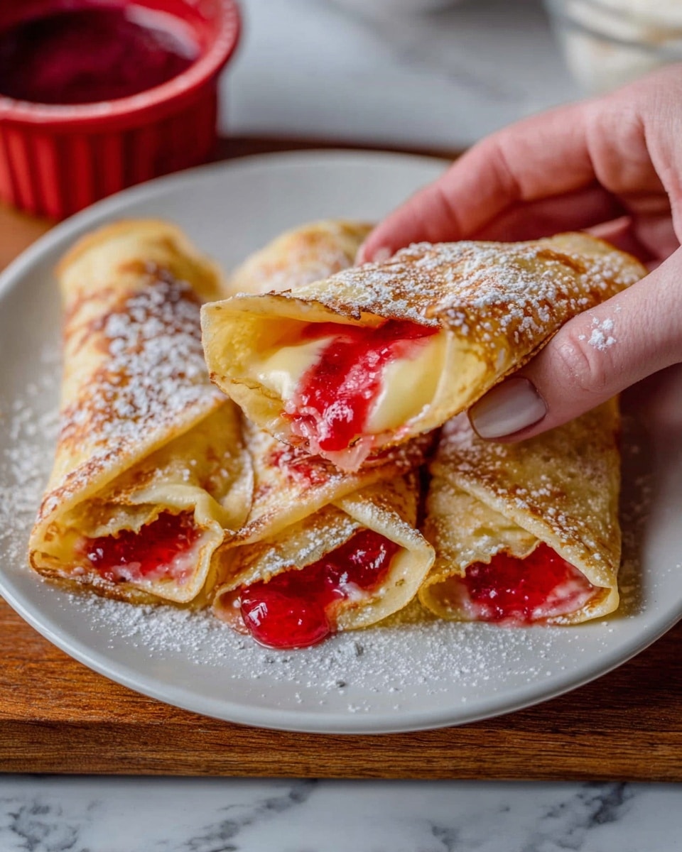 A white plate holds several folded crepes with a light golden brown color and a slightly crispy texture, each dusted with powdered sugar. One crepe is slightly opened, showing a smooth, creamy light yellow filling inside with a bright red cherry topping dripping slightly. A woman's hand is holding this open crepe in the foreground, highlighting the layers and glossy red cherry filling inside. The plate sits on a wooden surface with a red bowl in the background, all set against a white marbled texture. photo taken with an iphone --ar 4:5 --v 7
