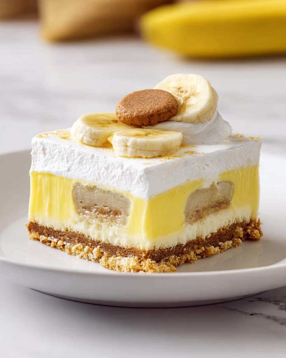 A square slice of layered banana dessert sits on a white plate with a white marbled background. The bottom layer is thin and crumbly with a light brown color, resembling a cookie crust. Above that is a thick, smooth yellow layer with visible pieces of light brown cookies inside. The topmost layer is a fluffy white cream that covers the yellow layer fully. On top of the cream is a dollop with a slice of banana and a small round brown cookie or nut placed on it. Photo taken with an iphone --ar 4:5 --v 7