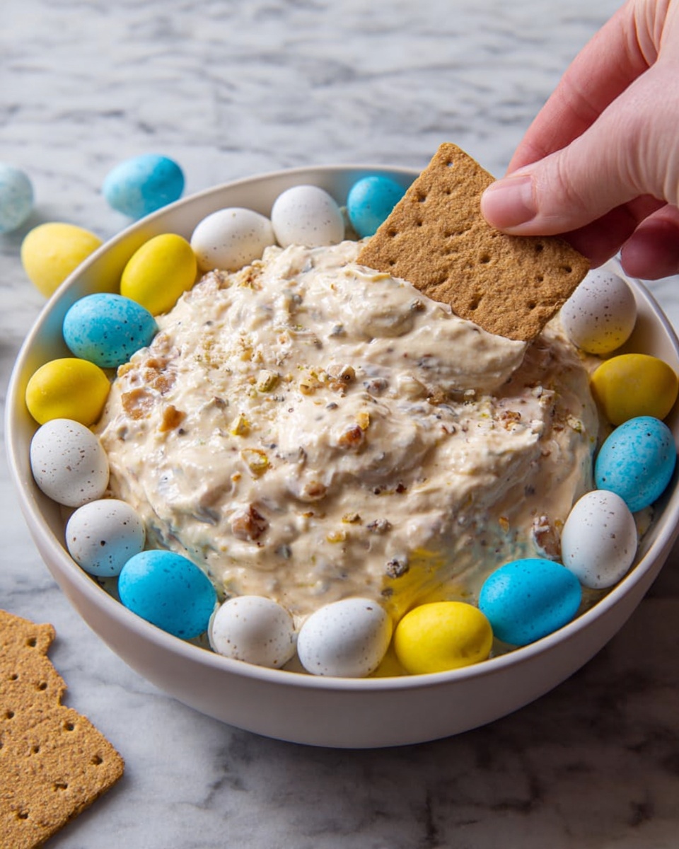 A white bowl filled with a creamy, light beige dip mixed with small bits of nuts or chocolate. Around the edge of the dip, there is a circle of pastel-colored candy eggs in blue, yellow, and white. A woman's hand is holding a square graham cracker dipped partly into the creamy mixture. The background is a white marbled surface. Photo taken with an iphone --ar 4:5 --v 7