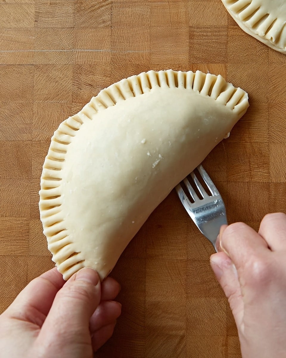 A half-circle shaped pastry is folded over with a smooth, pale dough layer visible. The edges are being pressed together by a woman's hands using a silver fork, creating small vertical indentations around the curved edge. The pastry rests on a wooden chopping board with a light to medium brown checkered pattern. A small corner of another folded pastry is seen in the top right corner. The texture of the dough is soft and even, with the edge showing clear, neat impressions. Photo taken with an iphone --ar 4:5 --v 7