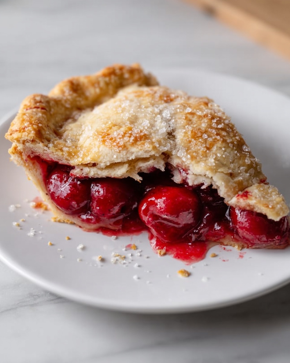 The image shows a white plate with a cherry pie that has one large bite taken out of it. The pie has two layers of golden crust with coarse sugar sprinkled on top, creating a sparkling texture. Inside, a bright red cherry filling is oozing out, showing whole cherries and thick syrup. The edges of the pie are crimped with small fork marks. The plate is set on a white marbled surface with some scattered coarse sugar grains in the background. Photo taken with an iphone --ar 4:5 --v 7