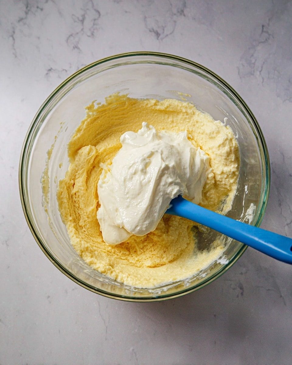 A clear glass bowl sits on a white marbled surface, containing two layers of thick mixtures. The bottom layer is a dense, pale yellow batter with a slightly rough texture, while the top layer is a dollop of smooth, white cream resting on the yellow batter. A blue spatula is placed inside the bowl, touching both layers at the right side, ready to mix them together. Photo taken with an iphone --ar 4:5 --v 7