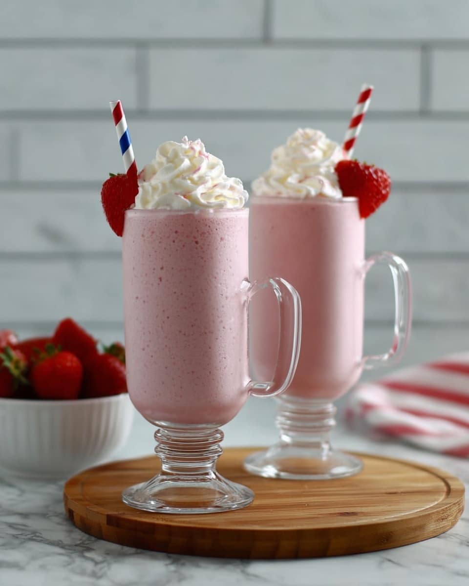 Two tall clear glass mugs filled with light pink strawberry smoothies stand side by side on a round wooden board. Each smoothie has a swirl of white whipped cream on top, garnished with a fresh red strawberry slice on the rim. A red, white, and blue striped straw is inserted into each smoothie. In the background, a white bowl holds additional strawberries against a white marbled surface. The photo taken with an iphone --ar 4:5 --v 7
