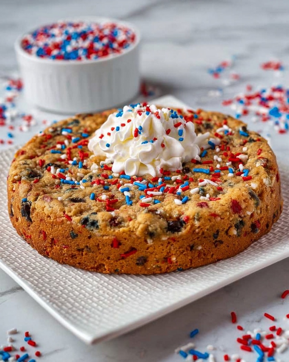 A thick round cookie cake sits on a white square plate with a textured pattern. The cookie is golden brown with small dark and red spots all over, showing bits of mix-ins like chocolate pieces and red sprinkles. On top, in the center, is a small swirl of white whipped cream with red, blue, and white round sprinkles sticking on it. Around the plate and cake, more red, blue, and white sprinkles are scattered. In the background, there is a white bowl filled with the same colorful sprinkles on a white marbled surface. photo taken with an iphone --ar 4:5 --v 7
