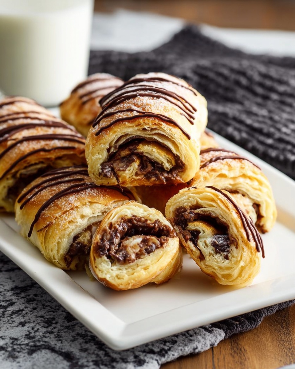 The image shows a white rectangular plate with several golden brown rolled pastries, each drizzled with thin lines of dark chocolate on top. The pastries have a flaky texture, and two of them are stacked, revealing the inside layers filled with swirls of melted chocolate in shades of dark brown and light brown. The plate sits on a wooden surface with a white marbled texture visible in the background. A glass of milk and a dark textured cloth are blurred in the background. photo taken with an iphone --ar 4:5 --v 7