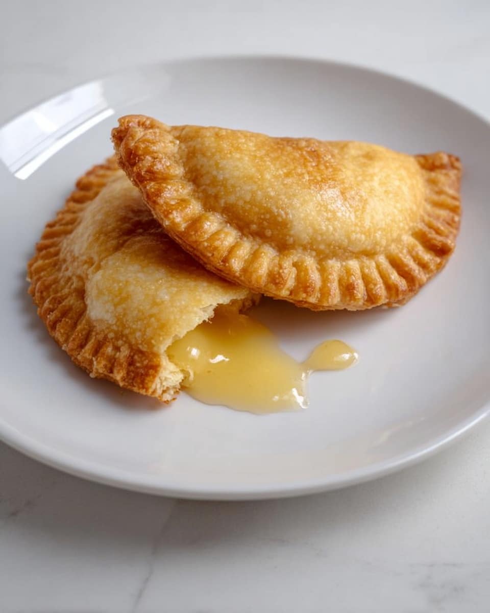 Two small golden brown pastries sit on a white plate. One pastry is whole with a crimped edge forming a half-moon shape, while the other is broken in half, showing a shiny, light yellow filling that oozes slightly onto the plate. The surface under the plate is a white marbled texture. The photo taken with an iphone --ar 4:5 --v 7