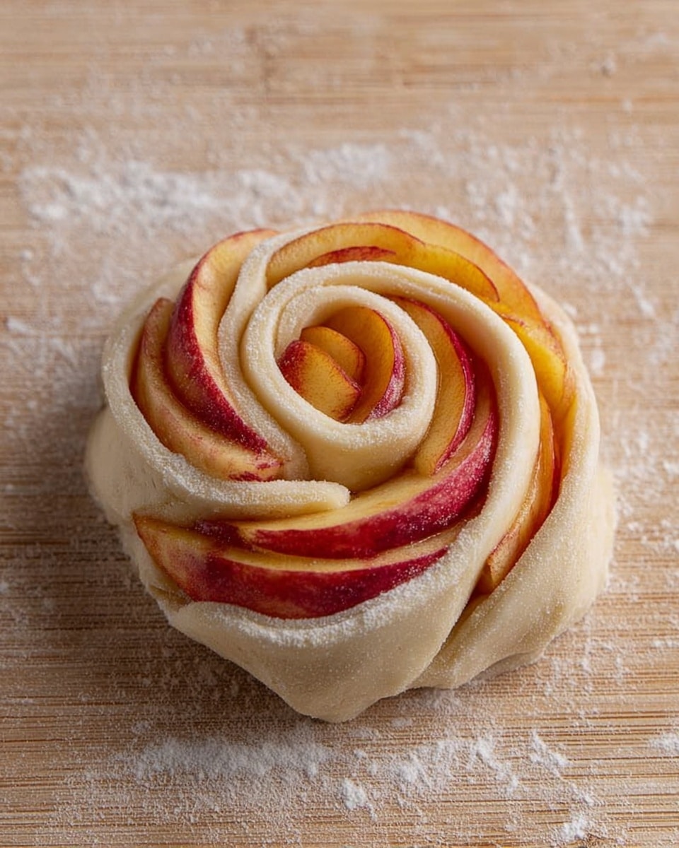 The image shows a rose-shaped pastry made of light beige dough wrapped around thin layers of red and yellow slices of fruit, possibly apple or peach, forming the petals. The outermost layer of the pastry curves outward slightly, while the inner layers spiral tightly towards the center, creating a beautiful flower shape. The dough looks soft and slightly floured, and the fruit slices have a smooth texture with a shiny surface. The pastry sits on a wooden board sprinkled with flour, with light and natural lighting highlighting the details of the layers and textures. photo taken with an iphone --ar 4:5 --v 7