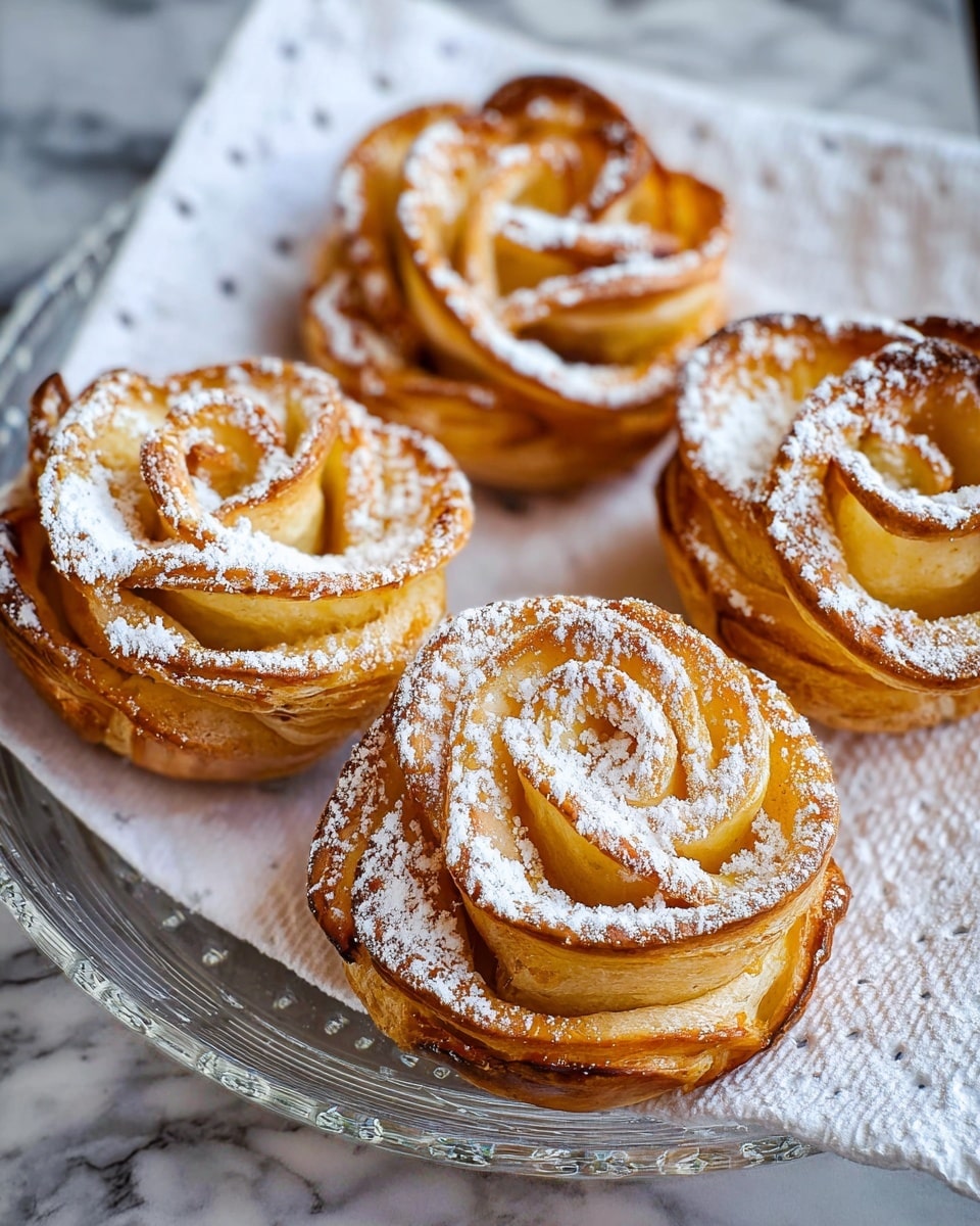 The image shows four pastry roses arranged on a clear glass plate lined with a white cloth with small dots. Each rose has delicate, thin layers of golden-brown dough curled to look like rose petals, with some darker browned edges adding contrast. The inner layers are more tightly curled with a lighter yellowish color, while the outer layers are thicker and have a softer golden shade. A light dusting of white powdered sugar covers the top of each rose, highlighting the curves and giving them a frosted look. The plate sits on a white marbled surface. photo taken with an iphone --ar 4:5 --v 7