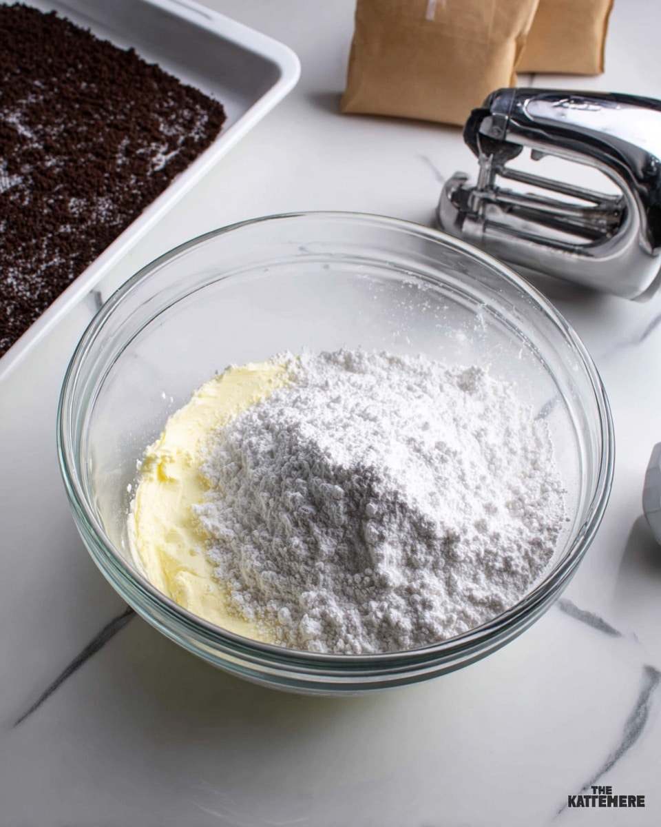 A clear glass mixing bowl sits on a white marbled surface with two main layers inside: a base layer of smooth, light yellow cream cheese on the bottom, topped with a soft white powdery layer of powdered sugar. Around the bowl, there is a silver hand mixer with shiny metal beaters on the right side, and in the upper left corner, a white baking tray holds a thin, dark brown crushed cookie crust layer. Two brown paper packets are slightly blurred in the background behind the bowl. The photo taken with an iphone --ar 4:5 --v 7