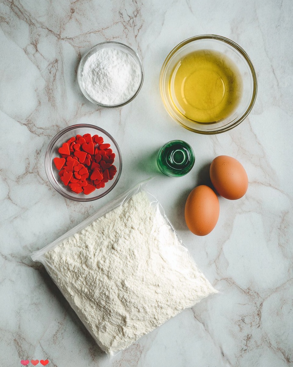 The image shows baking ingredients arranged on a white marbled surface. There is a clear glass bowl with a yellow liquid, likely oil, at the top left. Below it, a small clear bowl with red heart-shaped sprinkles is visible. In the center, a small green bottle stands between two brown eggs on the top right. At the bottom left, a clear plastic bag filled with white flour lies beside a clear bowl filled with powdered sugar. photo taken with an iphone --ar 4:5 --v 7