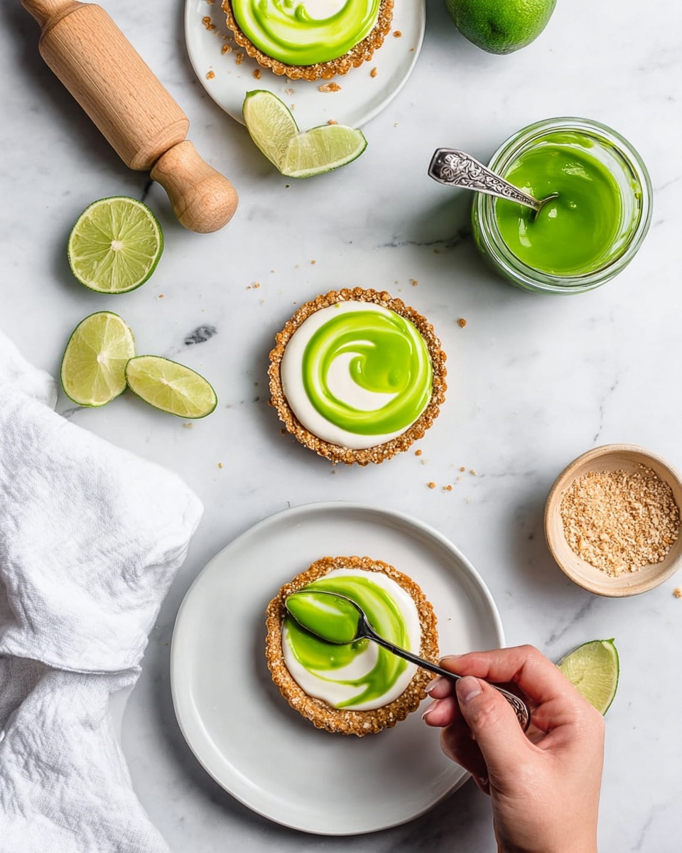 The image shows three small round tarts on a white marbled surface, each with three distinct layers: a golden crumbly crust at the bottom, a smooth white cream layer in the middle, and a bright green sauce swirled on top. The edge of each tart is sprinkled with more crumbly crust. One tart is on a white plate with a woman's hand holding a silver spoon spreading the green sauce over it. Nearby, there is a small bowl with light brown crumbs, an open jar filled with green sauce, a wooden lime juicer with a squeezed lime half, and fresh lime wedges scattered around. A white cloth is placed at the bottom left of the scene. Photo taken with an iphone --ar 4:5 --v 7