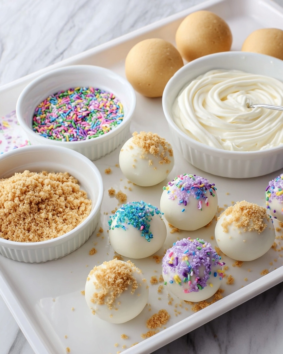 The image shows a white tray with several dessert balls that are covered in smooth white coating, decorated with colorful sprinkles in shades of purple, blue, green, and pink. Some balls have crumbly light brown topping. Around the balls, there are four plain light brown round dough-like balls. On the tray, there are three white bowls: one filled with crumbly light brown crumbs, and two with different kinds of small, colorful sprinkles. Another white bowl contains thick, swirled white cream or frosting. The tray is placed on a white marbled surface. Photo taken with an iphone --ar 4:5 --v 7