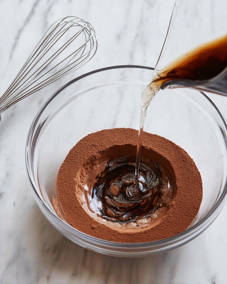 A clear glass bowl sits on a white marbled surface, containing a layer of brown cocoa powder spread evenly at the bottom. A clear liquid is being poured into the center of the cocoa powder, creating small swirls of dark brown and lighter shades where the liquid mixes with the powder. To the left of the bowl, a metal whisk lies flat on the surface. photo taken with an iphone --ar 4:5 --v 7