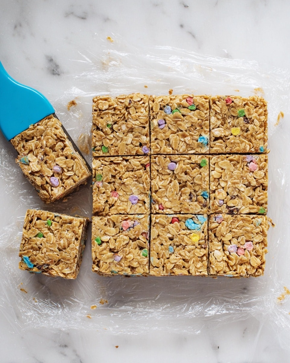 A large rectangular block of oat bars with small pieces of pastel-colored candy embedded throughout sits on a white marbled surface covered with transparent plastic wrap. The oat bars have a golden brown color with a visible texture of rolled oats. On the left side, nine pieces have been cut into small squares arranged in a 3 by 3 grid next to the main block. A blue knife with an uneven edge rests near the top left corner, placed on the plastic wrap. The lighting is bright and natural, showing the glossy surface of the bars. Photo taken with an iphone --ar 4:5 --v 7