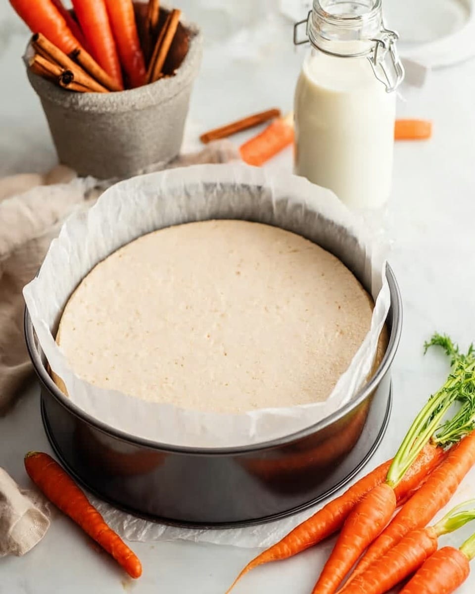 A round springform pan lined with white parchment paper holds a smooth, pale beige batter that fills almost to the top, creating an even flat surface. The pan is placed on a white marbled texture surface, surrounded by fresh, bright orange carrots with green tops lying around. To the right side of the scene is a glass bottle filled with creamy white milk, and to the left in the background is a gray stone container holding more carrots, along with a few cinnamon sticks. The overall setting is light and clean, giving a fresh and homemade feeling. photo taken with an iphone --ar 4:5 --v 7