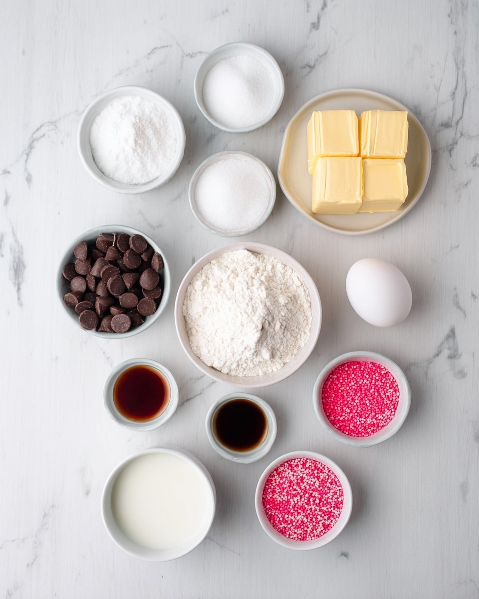 The image shows a white marbled surface with nine small white bowls and one white plate arranged neatly. In the center is a bowl filled with white flour. Above it are three bowls containing white sugar, salt, and baking powder in a triangle shape. To the right of the flour bowl is a bowl with two blocks of yellow butter, and to the left is a single white egg. Below the flour bowl, there are four more bowls: one with milk, one with dark chocolate chips, one with dark brown vanilla extract, and one with bright pink sugar sprinkles. The arrangement is simple and clean, focused on baking ingredients. Photo taken with an iphone --ar 4:5 --v 7