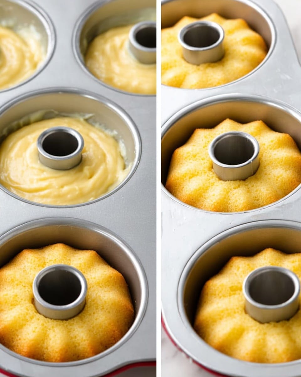 The image shows a close-up of a silver bundt cake pan with several cavities, each filled with pale yellow batter in the first frame, and in the second frame, the batter has risen and is cooked to a light golden yellow color. The pans are set on a white marbled surface. Each cavity has a central tube in the middle of the round cakes, giving them a ring shape. The texture of the batter in the first frame looks smooth and thick, while in the second frame the cakes appear soft and slightly spongy on top. The background continues the white marbled texture, keeping the focus on the pans and their contents. photo taken with an iphone --ar 4:5 --v 7