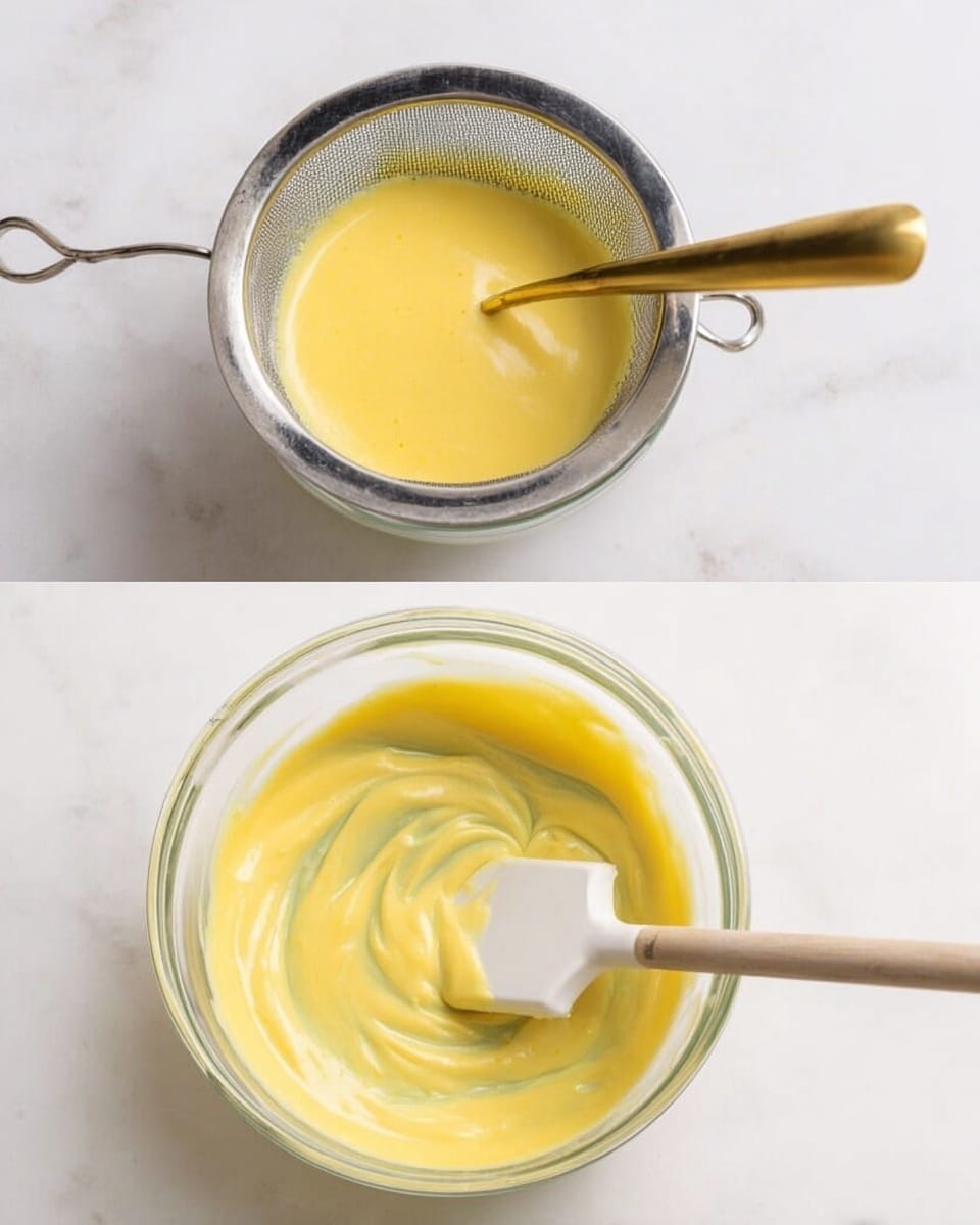 The image shows two glass bowls on a white marbled surface. The first bowl on the left is small and round with a metal strainer resting on top. Inside the strainer is a smooth yellow mixture with a slightly thick texture, and a gold spoon is placed in it. The mixture looks creamy and even. The second bowl on the right is bigger and has a smooth yellow mixture being stirred with a flat white spatula that has a wooden handle. The mixture in this bowl also looks smooth and one color, with some smooth swirling marks on the surface. photo taken with an iphone --ar 4:5 --v 7